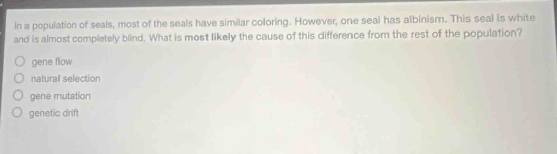 in a population of seals, most of the seals have similar coloring. however, one seal has albinism. this seal is white and is almost completely blind. what is most likely the cause of this difference from the rest of the population?\n gene flow\n natural selection\n gene mutation\n genetic drift