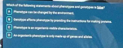 which of the following statements about phenotypes and genotypes is false? a phenotype can be changed by the environment. b genotype affects phenotype by providing the instructions for making proteins. c phenotype is an organisms visible characteristics. d an organisms phenotype is only made up of genes and alleles.