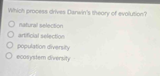 which process drives darwins theory of evolution? natural selection artificial selection population diversity ecosystem diversity