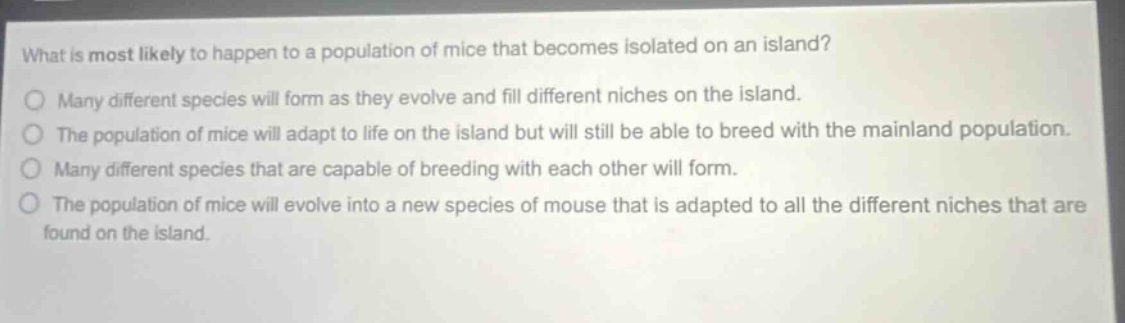 what is most likely to happen to a population of mice that becomes isolated on an island?\no many different species will form as they evolve and fill different niches on the island.\no the population of mice will adapt to life on the island but will still be able to breed with the mainland population.\no many different species that are capable of breeding with each other will form.\no the population of mice will evolve into a new species of mouse that is adapted to all the different niches that are found on the island.