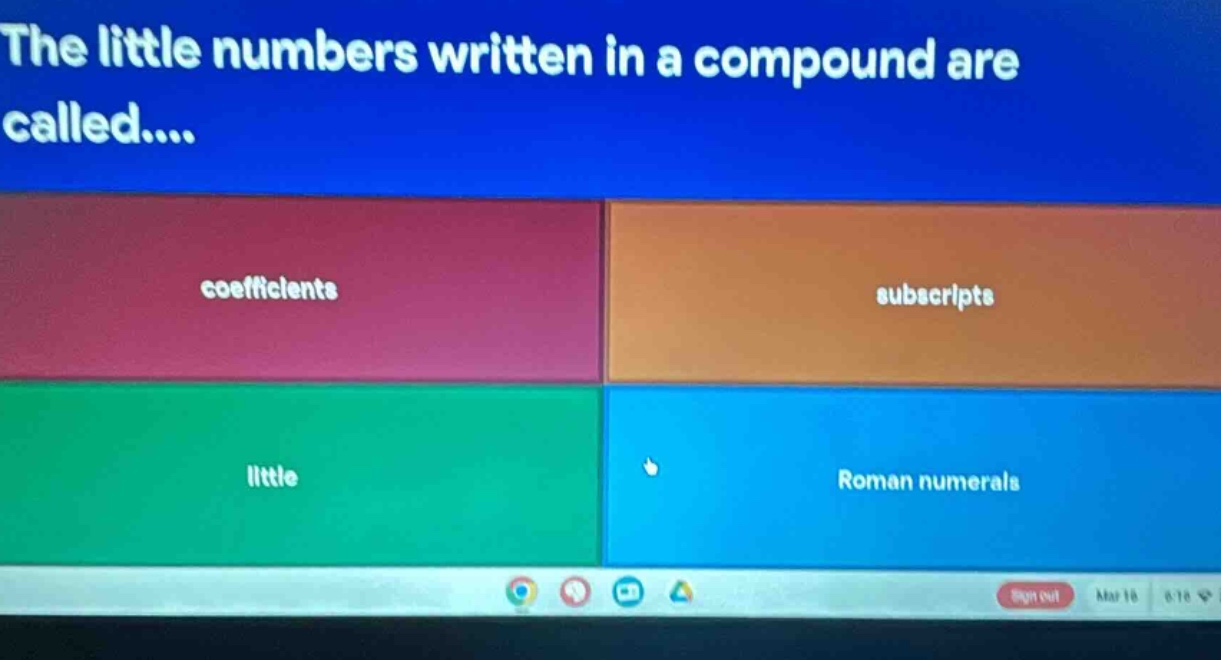 the little numbers written in a compound are called.... coefficients subscripts little roman numerals