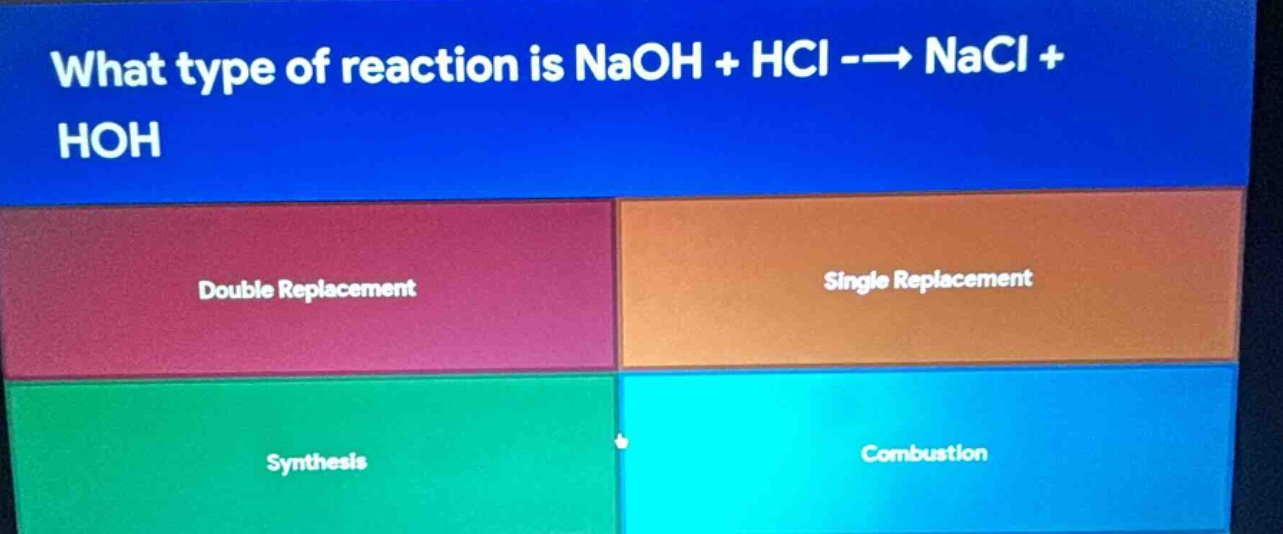 what type of reaction is naoh + hcl --> nacl + hoh double replacement single replacement synthesis combustion