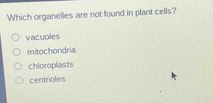 which organelles are not found in plant cells? vacuoles mitochondria chloroplasts centrioles