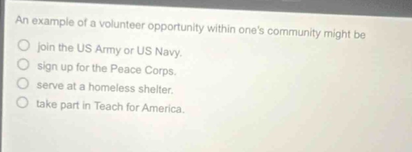an example of a volunteer opportunity within ones community might be\njoin the us army or us navy.\nsign up for the peace corps.\nserve at a homeless shelter.\ntake part in teach for america.
