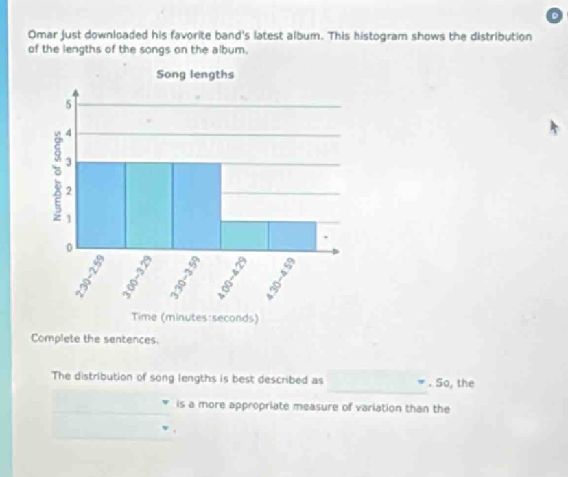 omar just downloaded his favorite bands latest album. this histogram shows the distribution of the lengths of the songs on the album. song lengths complete the sentences. the distribution of song lengths is best described as. so, the is a more appropriate measure of variation than the