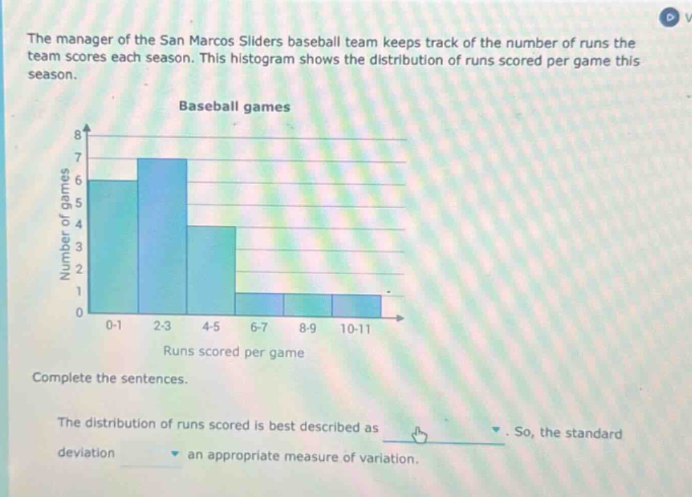 the manager of the san marcos sliders baseball team keeps track of the number of runs the team scores each season. this histogram shows the distribution of runs scored per game this season. baseball games runs scored per game complete the sentences. the distribution of runs scored is best described as. so, the standard deviation an appropriate measure of variation.