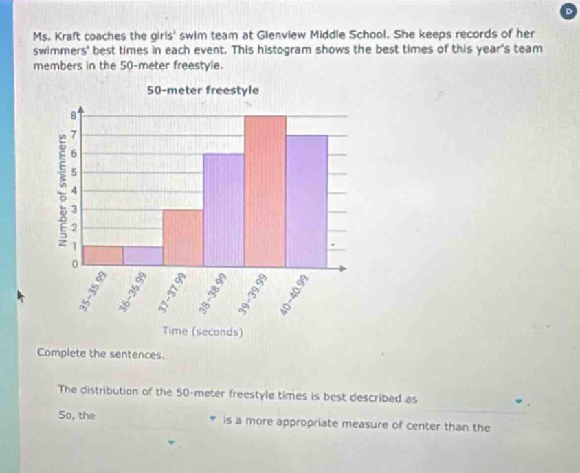 ms. kraft coaches the girls swim team at glenview middle school. she keeps records of her swimmers best times in each event. this histogram shows the best times of this years team members in the 50 - meter freestyle. 50 - meter freestyle complete the sentences. the distribution of the 50 - meter freestyle times is best described as so, the is a more appropriate measure of center than the