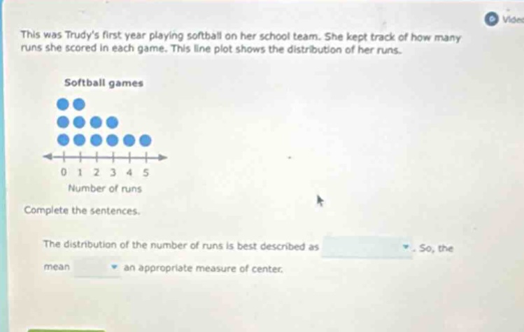 this was trudys first year playing softball on her school team. she kept track of how many runs she scored in each game. this line plot shows the distribution of her runs. softball games 0 1 2 3 4 5 number of runs complete the sentences. the distribution of the number of runs is best described as. so, the mean an appropriate measure of center.