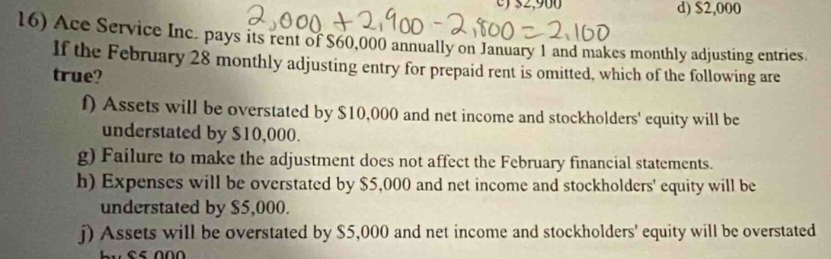 16) ace service inc. pays its rent of $60,000 annually on january 1 and makes monthly adjusting entries. if the february 28 monthly adjusting entry for prepaid rent is omitted, which of the following are true? f) assets will be overstated by $10,000 and net income and stockholders equity will be understated by $10,000. g) failure to make the adjustment does not affect the february financial statements. h) expenses will be overstated by $5,000 and net income and stockholders equity will be understated by $5,000. j) assets will be overstated by $5,000 and net income and stockholders equity will be overstated by $5,000