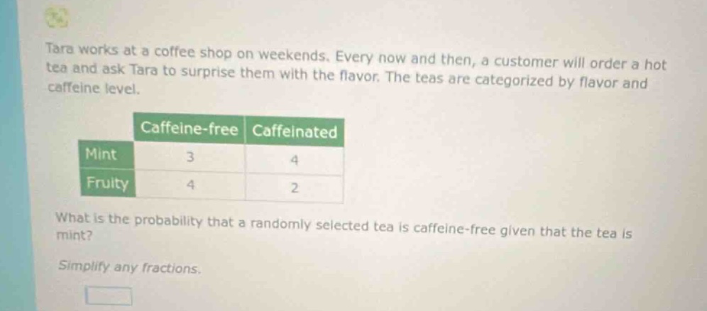 tara works at a coffee shop on weekends. every now and then, a customer will order a hot tea and ask tara to surprise them with the flavor. the teas are categorized by flavor and caffeine level. what is the probability that a randomly selected tea is caffeine - free given that the tea is mint? simplify any fractions.