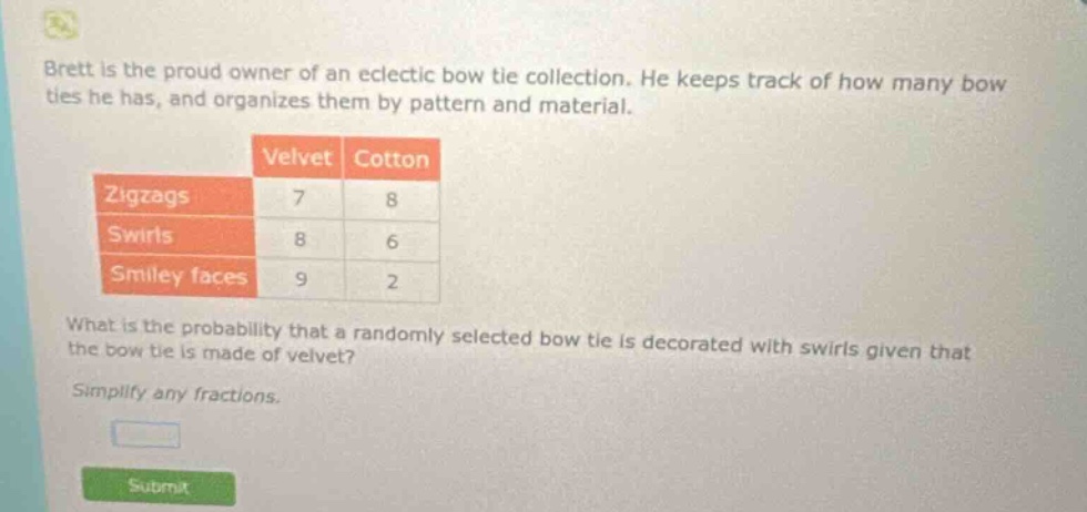 brett is the proud owner of an eclectic bow tie collection. he keeps track of how many bow ties he has, and organizes them by pattern and material. what is the probability that a randomly selected bow tie is decorated with swirls given that the bow tie is made of velvet? simplify any fractions.