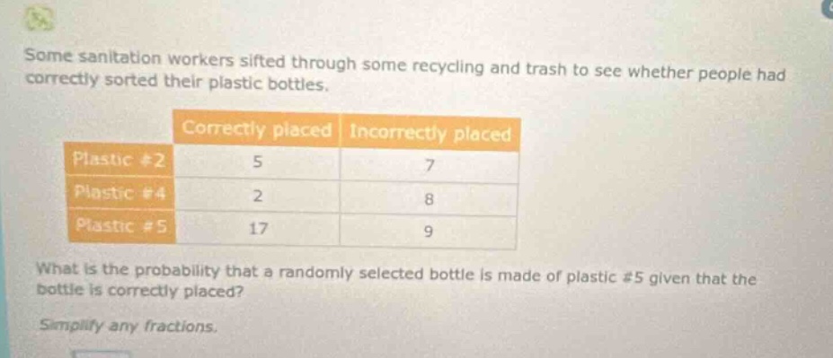 some sanitation workers sifted through some recycling and trash to see whether people had correctly sorted their plastic bottles. what is the probability that a randomly selected bottle is made of plastic #5 given that the bottle is correctly placed? simplify any fractions.