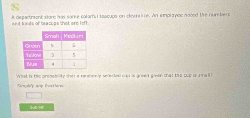 a department store has some colorful teacups on clearance. an employee noted the numbers and kinds of teacups that are left. small medium green 5 5 yellow 3 5 blue 4 1 what is the probability that a randomly selected cup is green given that the cup is small? simplify any fractions.