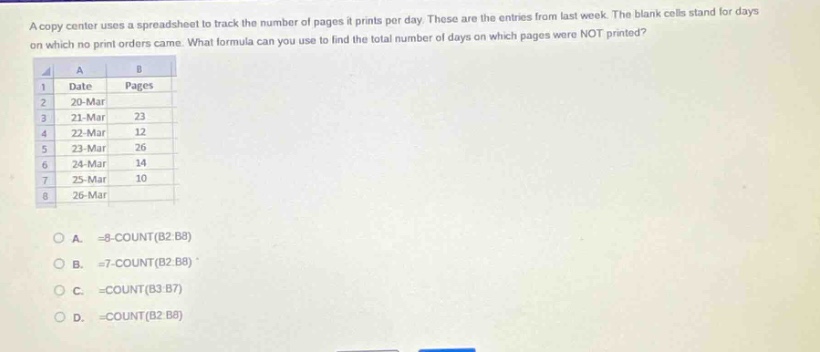 a copy center uses a spreadsheet to track the number of pages it prints per day. these are the entries from last week. the blank cells stand for days on which no print orders came. what formula can you use to find the total number of days on which pages were not printed?\na\tb\n1\tdate\tpages\n2\t20 - mar\t\n3\t21 - mar\t23\n4\t22 - mar\t12\n5\t23 - mar\t26\n6\t24 - mar\t14\n7\t25 - mar\t10\n8\t26 - mar\t\na. =8 - count(b2:b8)\nb. =7 - count(b2:b8)\nc. =count(b3:b7)\nd. =count(b2:b8)