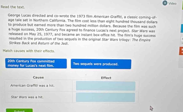 read the text. george lucas directed and co - wrote the 1973 film american graffiti, a classic coming - of - age tale set in northern california. the film cost less than eight hundred thousand dollars to produce but earned more than two hundred million dollars. because the film was such a huge success, 20th century fox agreed to finance lucass next project. star wars was released on may 25, 1977, and became an instant box - office hit. the films huge success resulted in the production of two sequels in the original star wars trilogy: the empire strikes back and return of the jedi. match causes with their effects. 20th century fox committed money for lucass next film. two sequels were produced. cause effect american graffiti was a hit. star wars was a hit.