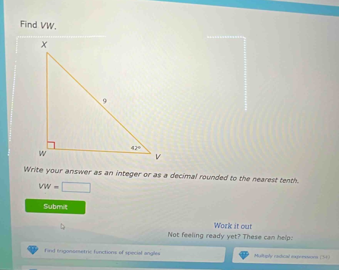 find vw. write your answer as an integer or as a decimal rounded to the nearest tenth. vw =