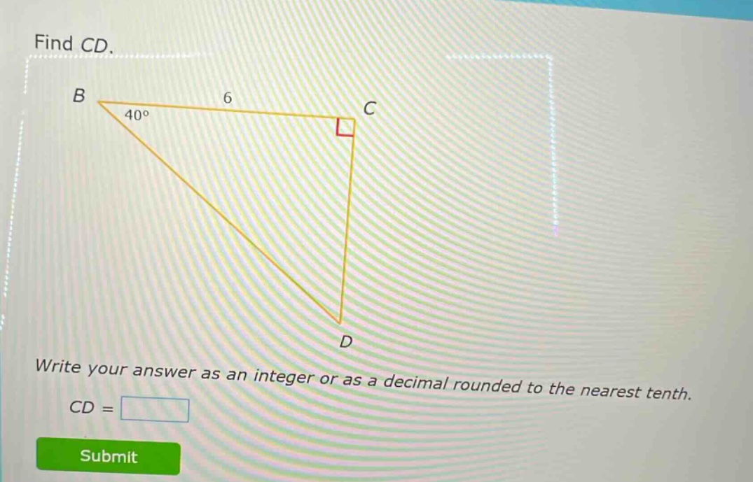 find cd. write your answer as an integer or as a decimal rounded to the nearest tenth. cd =