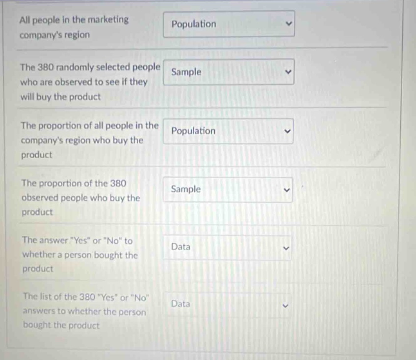 all people in the marketing companys region\nthe 380 randomly selected people who are observed to see if they will buy the product\nthe proportion of all people in the companys region who buy the product\nthe proportion of the 380 observed people who buy the product\nthe answer \yes\ or \no\ to whether a person bought the product\nthe list of the 380 \yes\ or \no\ answers to whether the person bought the product