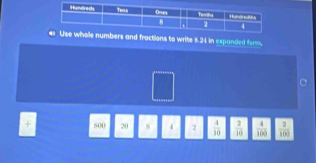 use whole numbers and fractions to write 8.24 in expanded form.
