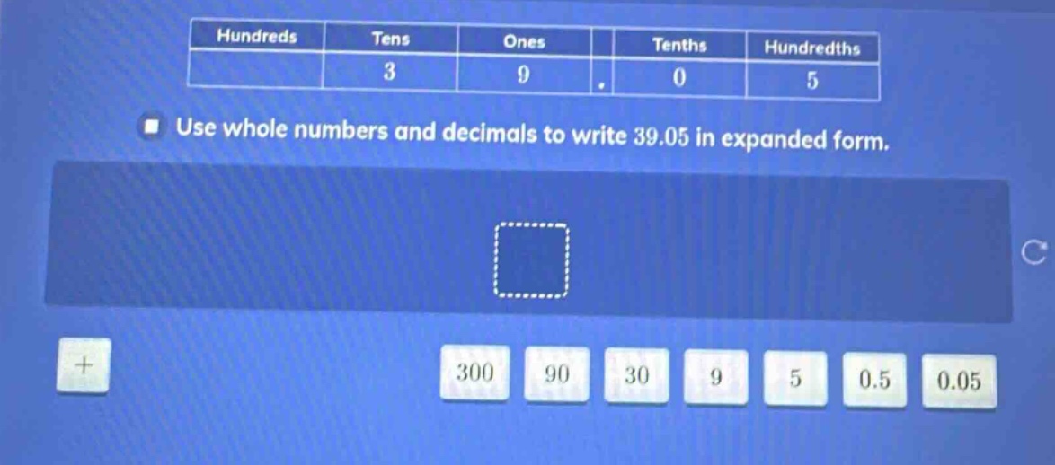 use whole numbers and decimals to write 39.05 in expanded form.
