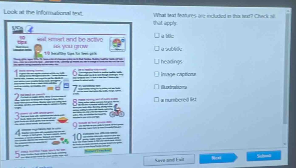 look at the informational text. what text features are included in this text? check all that apply. a title a subtitle headings image captions illustrations a numbered list