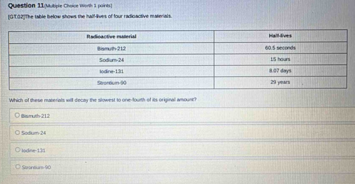 question 11(multiple choice worth 1 points) gt.02the table below shows the half - lives of four radioactive materials. radioactive material half - lives bismuth - 212 60.5 seconds sodium - 24 15 hours iodine - 131 8.07 days strontium - 90 29 years which of these materials will decay the slowest to one - fourth of its original amount? bismuth - 212 sodium - 24 iodine - 131 strontium - 90