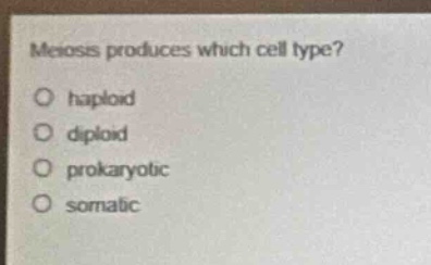 meiosis produces which cell type?\no haploid\no diploid\no prokaryotic\no somatic