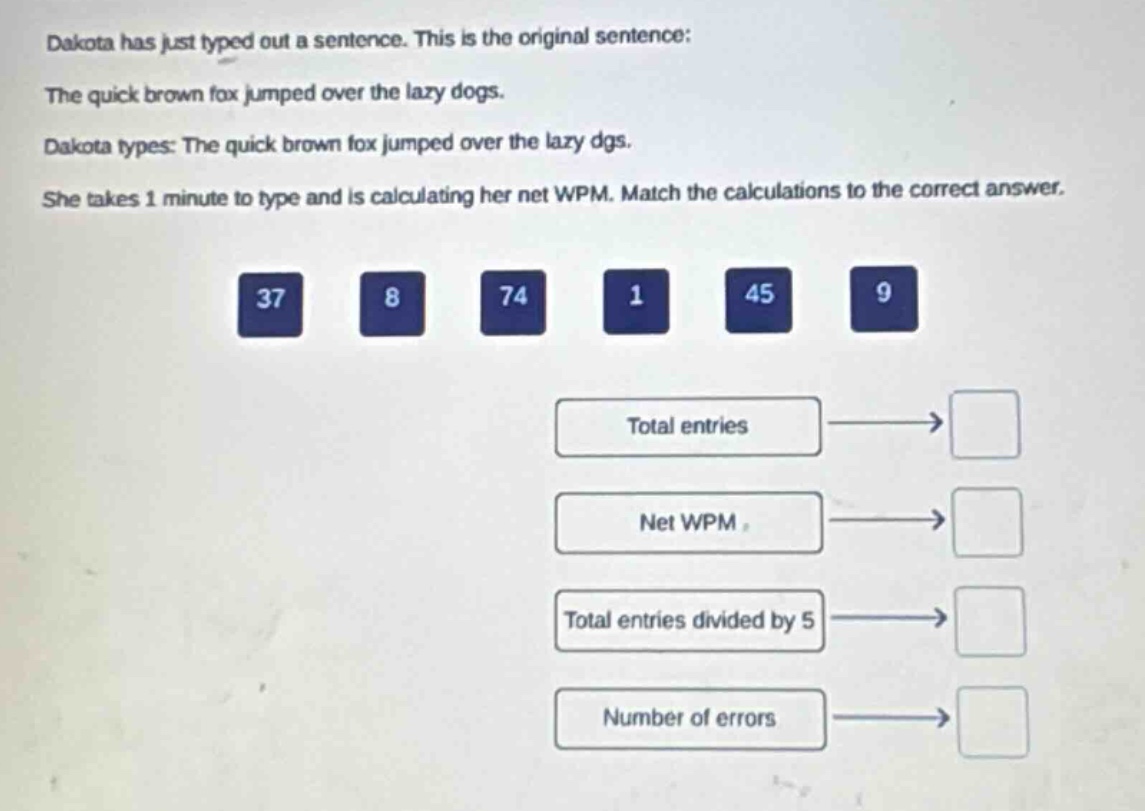 dakota has just typed out a sentence. this is the original sentence: the quick brown fox jumped over the lazy dogs. dakota types: the quick brown fox jumped over the lazy dgs. she takes 1 minute to type and is calculating her net wpm. match the calculations to the correct answer. 37 8 74 1 45 9 total entries net wpm total entries divided by 5 number of errors