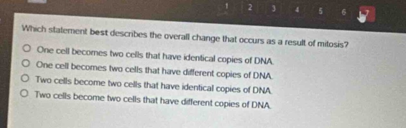 which statement best describes the overall change that occurs as a result of mitosis? one cell becomes two cells that have identical copies of dna. one cell becomes two cells that have different copies of dna. two cells become two cells that have identical copies of dna. two cells become two cells that have different copies of dna.