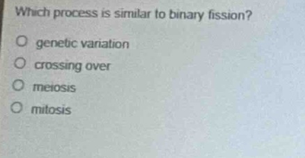 which process is similar to binary fission?\no genetic variation\no crossing over\no meiosis\no mitosis