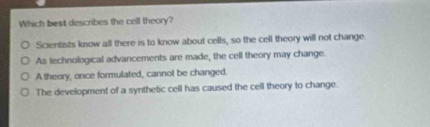 which best describes the cell theory? scientists know all there is to know about cells, so the cell theory will not change. as technological advancements are made, the cell theory may change. a theory, once formulated, cannot be changed. the development of a synthetic cell has caused the cell theory to change.