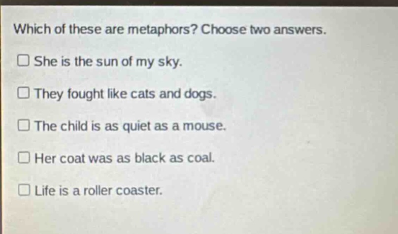 which of these are metaphors? choose two answers. she is the sun of my sky. they fought like cats and dogs. the child is as quiet as a mouse. her coat was as black as coal. life is a roller coaster.