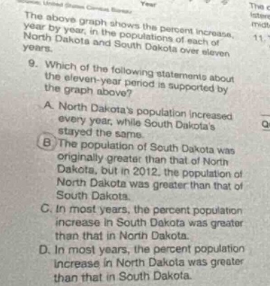 the above graph shows the percent increase, year - by - year, in the populations of each of north dakota and south dakota over eleven years. 9. which of the following statements about the eleven - year period is supported by the graph above? a. north dakotas population increased every year, while south dakotas stayed the same. b. the population of south dakota was originally greater than that of north dakota, but in 2012, the population of north dakota was greater than that of south dakota. c. in most years, the percent population increase in south dakota was greater than that in north dakota. d. in most years, the percent population increase in north dakota was greater than that in south dakota.