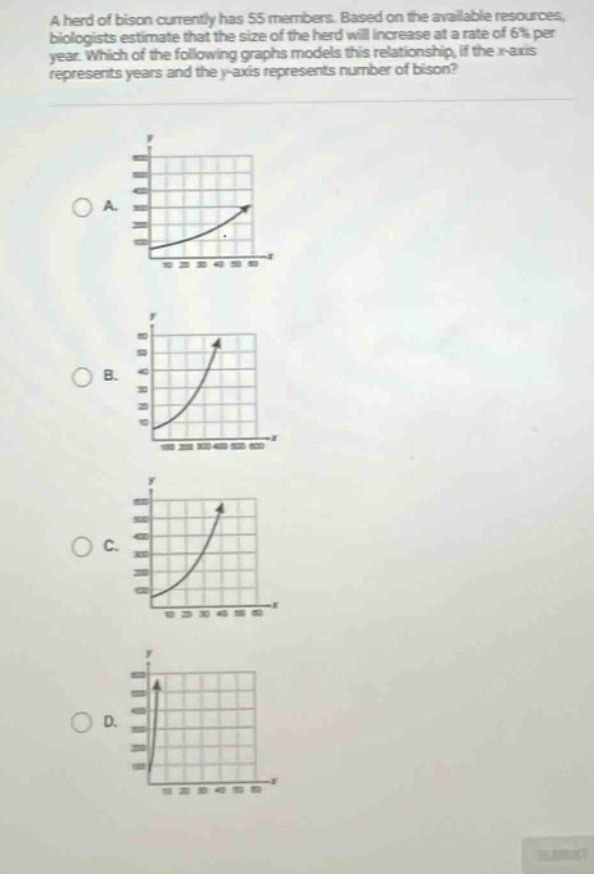 a herd of bison currently has 55 members. based on the available resources, biologists estimate that the size of the herd will increase at a rate of 6% per year. which of the following graphs models this relationship, if the x - axis represents years and the y - axis represents number of bison?