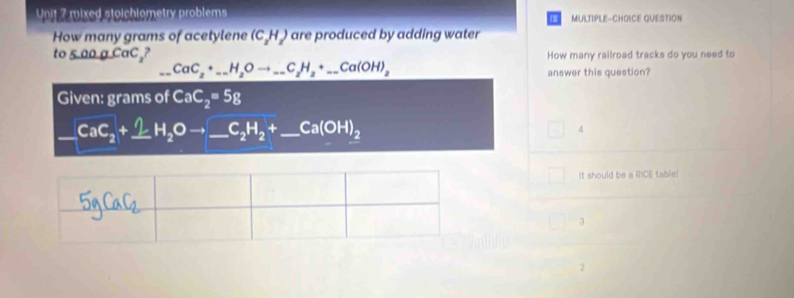 unit 7 mixed stoichiometry problems how many grams of acetylene (c₂h₂) are produced by adding water to 5.00 g cac₂? __cac₂ + __h₂o → __c₂h₂ + __ca(oh)₂ given: grams of cac₂ = 5g __cac₂ + 2 h₂o → __c₂h₂ + __ca(oh)₂ 5gcac₂ multiple - choice question how many railroad tracks do you need to answer this question? 4 it should be a rice table! 3 2