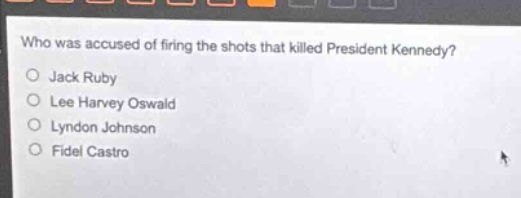 who was accused of firing the shots that killed president kennedy?\njack ruby\nlee harvey oswald\nlyndon johnson\nfidel castro