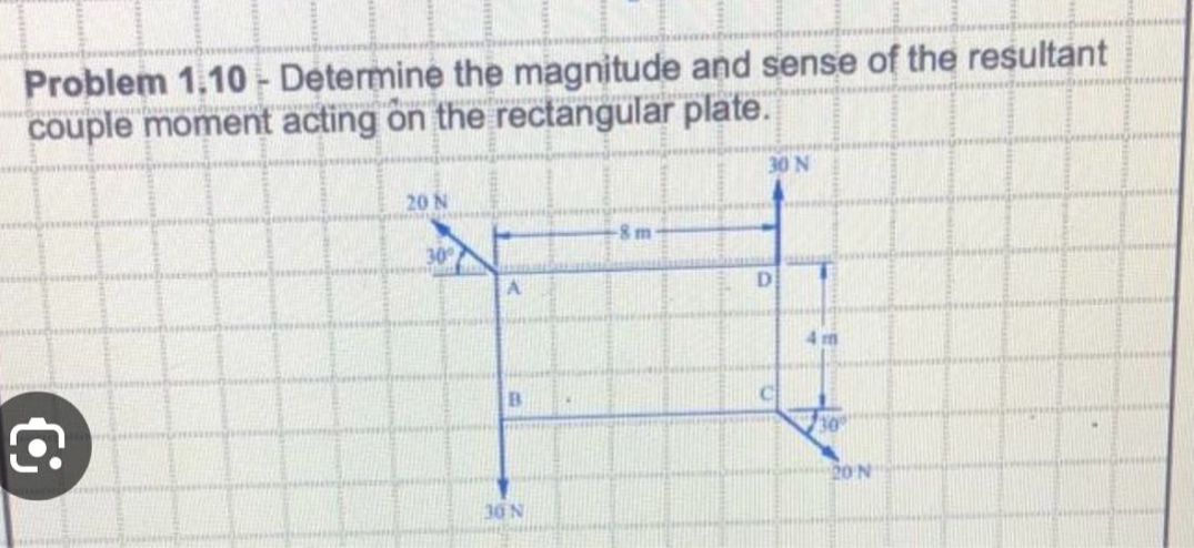 problem 1.10 - determine the magnitude and sense of the resultant couple moment acting on the rectangular plate.