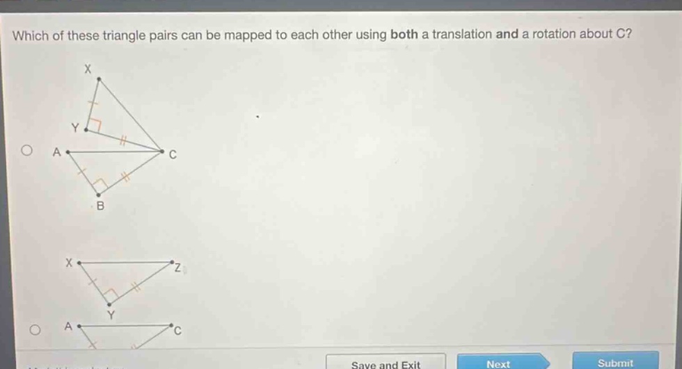 which of these triangle pairs can be mapped to each other using both a translation and a rotation about c?