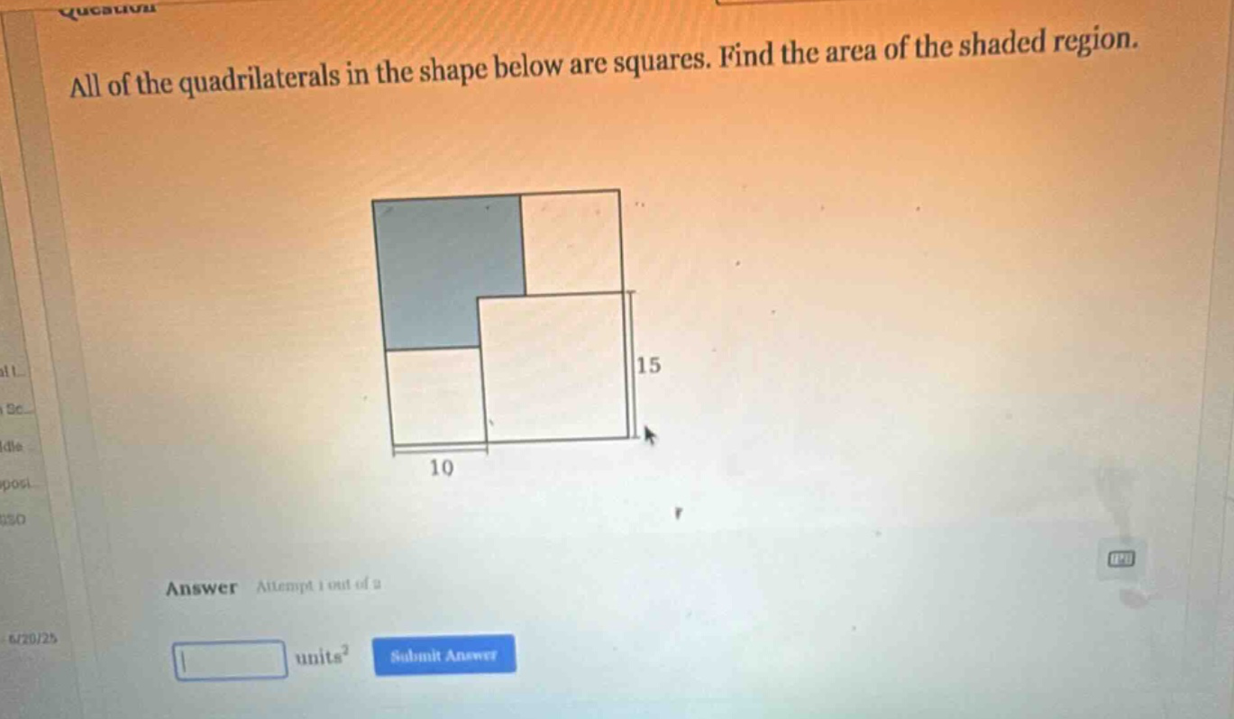 all of the quadrilaterals in the shape below are squares. find the area of the shaded region.