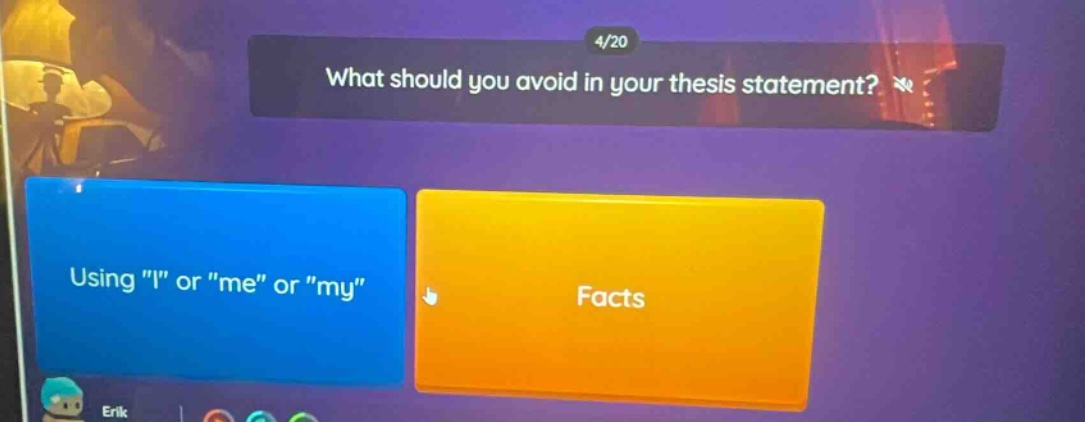 what should you avoid in your thesis statement? using \i\ or \me\ or \my\ facts