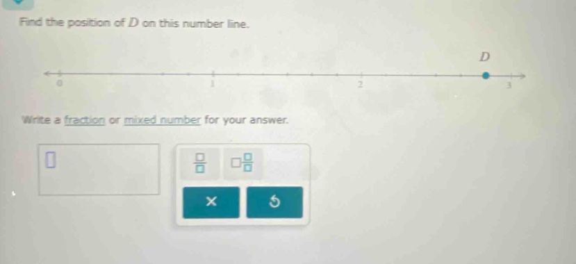 find the position of d on this number line. write a fraction or mixed number for your answer.