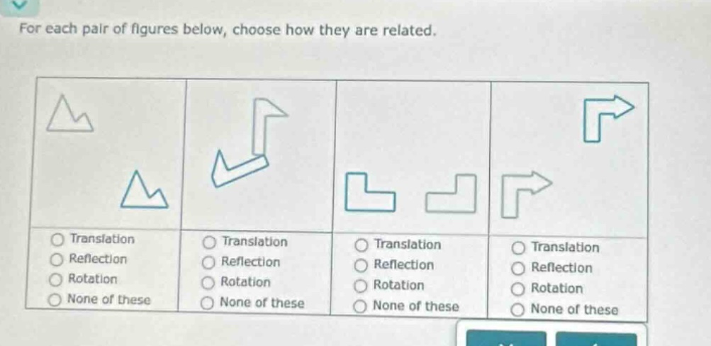 for each pair of figures below, choose how they are related. translation reflection rotation none of these translation reflection rotation none of these translation reflection rotation none of these translation reflection rotation none of these