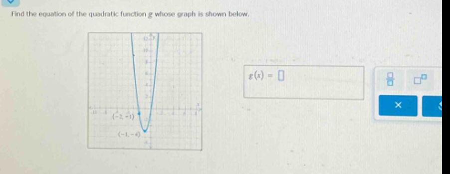 find the equation of the quadratic function g whose graph is shown below.