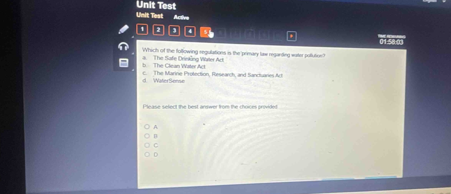 which of the following regulations is the primary law regarding water pollution? a. the safe drinking water act b. the clean water act c. the marine protection, research, and sanctuaries act d. watersense please select the best answer from the choices provided