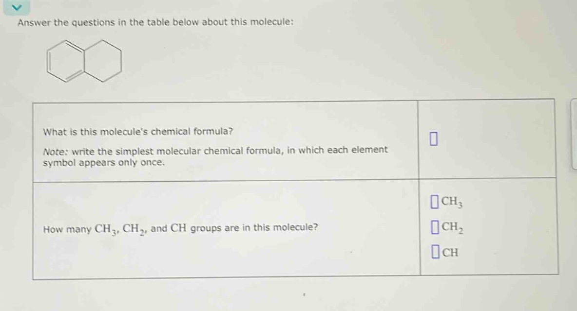 answer the questions in the table below about this molecule: what is this molecules chemical formula? note: write the simplest molecular chemical formula, in which each element symbol appears only once. how many ch₃, ch₂, and ch groups are in this molecule?