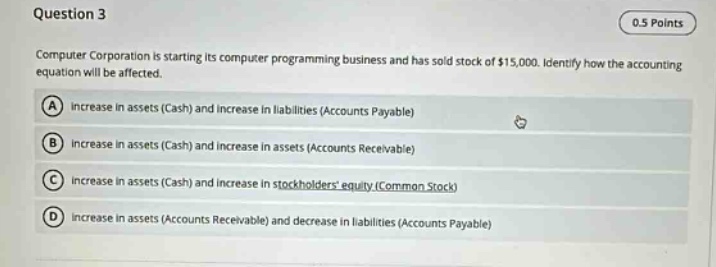 question 3 0.5 points computer corporation is starting its computer programming business and has sold stock of $15,000. identify how the accounting equation will be affected. a increase in assets (cash) and increase in liabilities (accounts payable) b increase in assets (cash) and increase in assets (accounts receivable) c increase in assets (cash) and increase in stockholders equity (common stock) d increase in assets (accounts receivable) and decrease in liabilities (accounts payable)