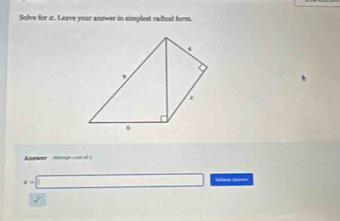 solve for x. leave your answer in simplest radical form.