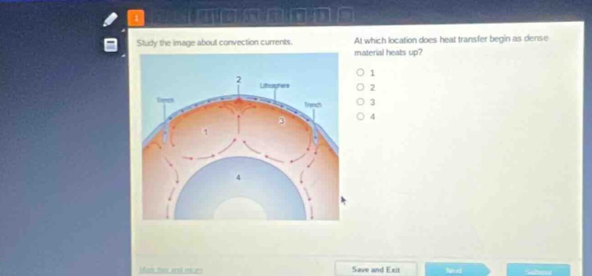 study the image about convection currents. at which location does heat transfer begin as dense material heats up? 1 2 3 4