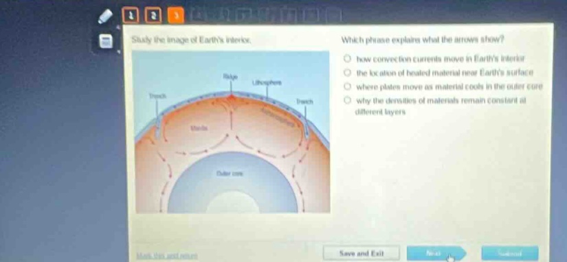 study the image of earths interior. which phrase explains what the arrows show? how convection currents move in earths interior the location of heated material near earths surface where plates move as material cools in the outer core why the densities of materials remain constant at different layers