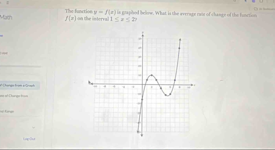the function y = f(x) is graphed below. what is the average rate of change of the function f(x) on the interval 1 ≤ x ≤ 2?